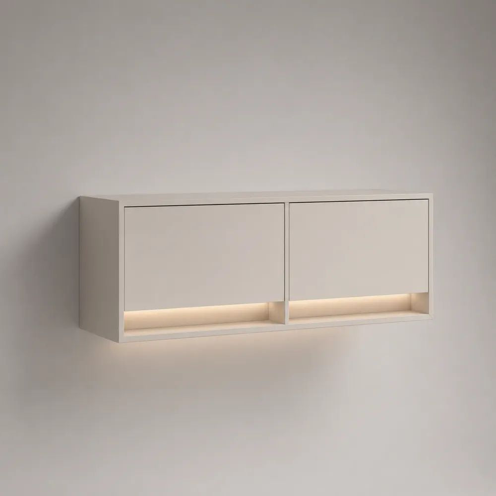 Meuble TV mural suspendu en MDF blanc cassé avec éclairage LED, 2 portes et 2 niches, 120 × 30 × 50 cm