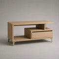 Table basse rectangulaire en panneaux mélaminés avec tiroir et rangements, chêne naturel et beige, 110 × 50 × 55 cm