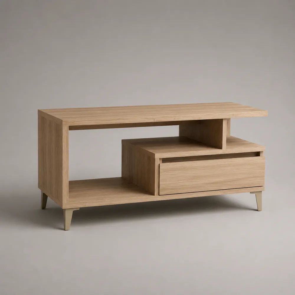 Table basse rectangulaire en panneaux mélaminés avec tiroir et rangements, chêne naturel et beige, 110 × 50 × 55 cm