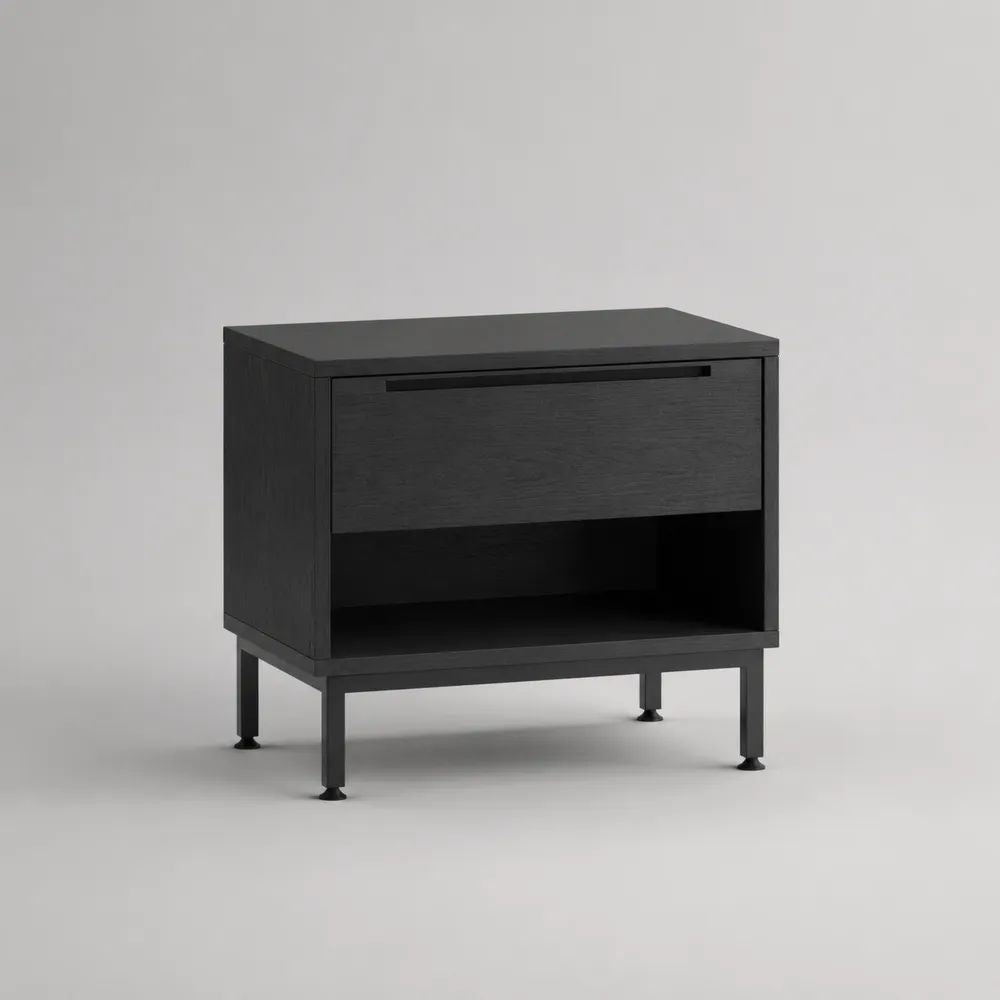 Table de chevet noire rectangulaire avec 1 tiroir et 1 niche, en panneau de particules mélaminé et acier, 60 × 40 × 60 cm