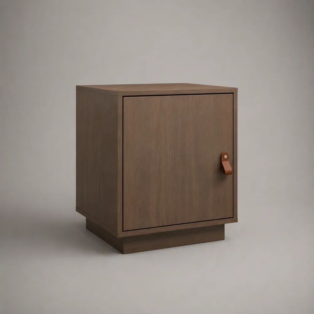 Table de chevet rectangulaire avec porte en bois effet noyer, brun noyer et marron cognac, 40 × 35 × 55 cm