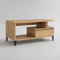Table basse rectangulaire en panneaux de particules mélaminés avec tiroir et niches, chêne naturel et noir, 100 × 50 × 45 cm