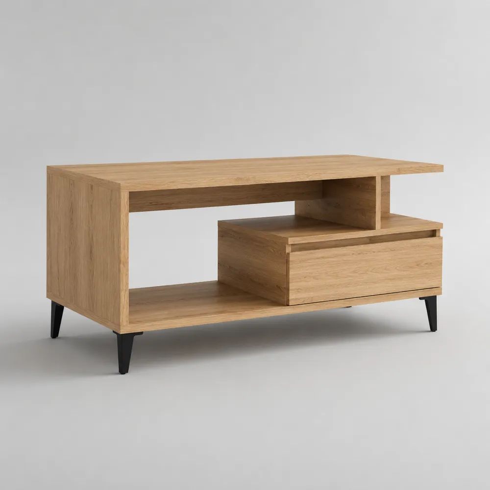 Table basse rectangulaire en panneaux de particules mélaminés avec tiroir et niches, chêne naturel et noir, 100 × 50 × 45 cm