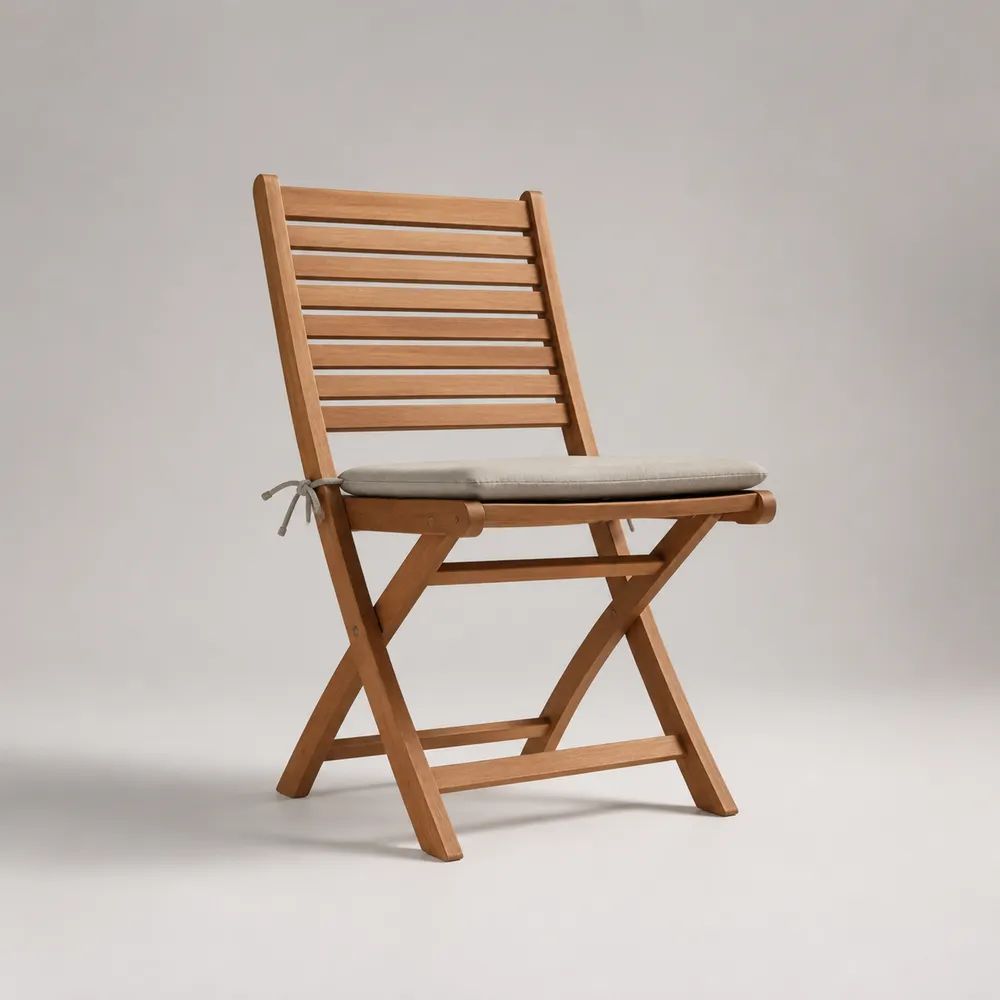 Chaise de jardin pliante en bois avec coussin beige, marron naturel, 50 x 58 x 87 cm