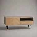 Meuble TV bas rectangulaire en MDF laqué et placage chêne, beige, chêne naturel, noir et doré, avec 1 porte, 1 tiroir et 1 niche, 120 x 40 x 60 cm