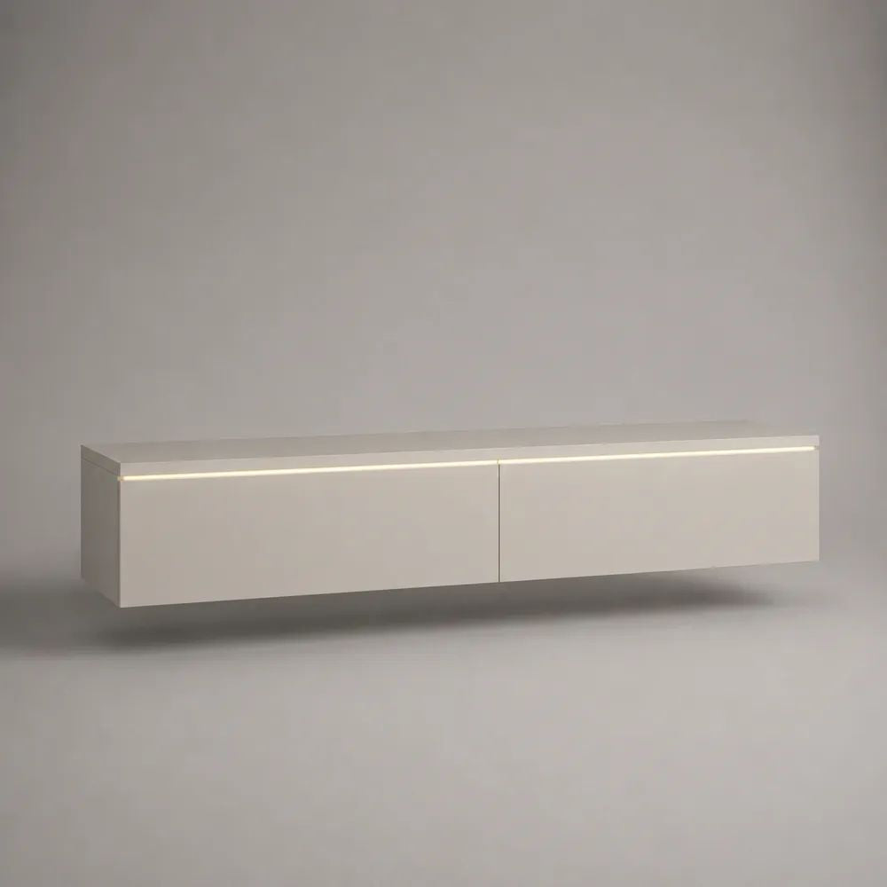 Meuble TV mural suspendu blanc avec éclairage LED, 2 compartiments, panneaux de particules mélaminés, 180 × 35 × 30 cm