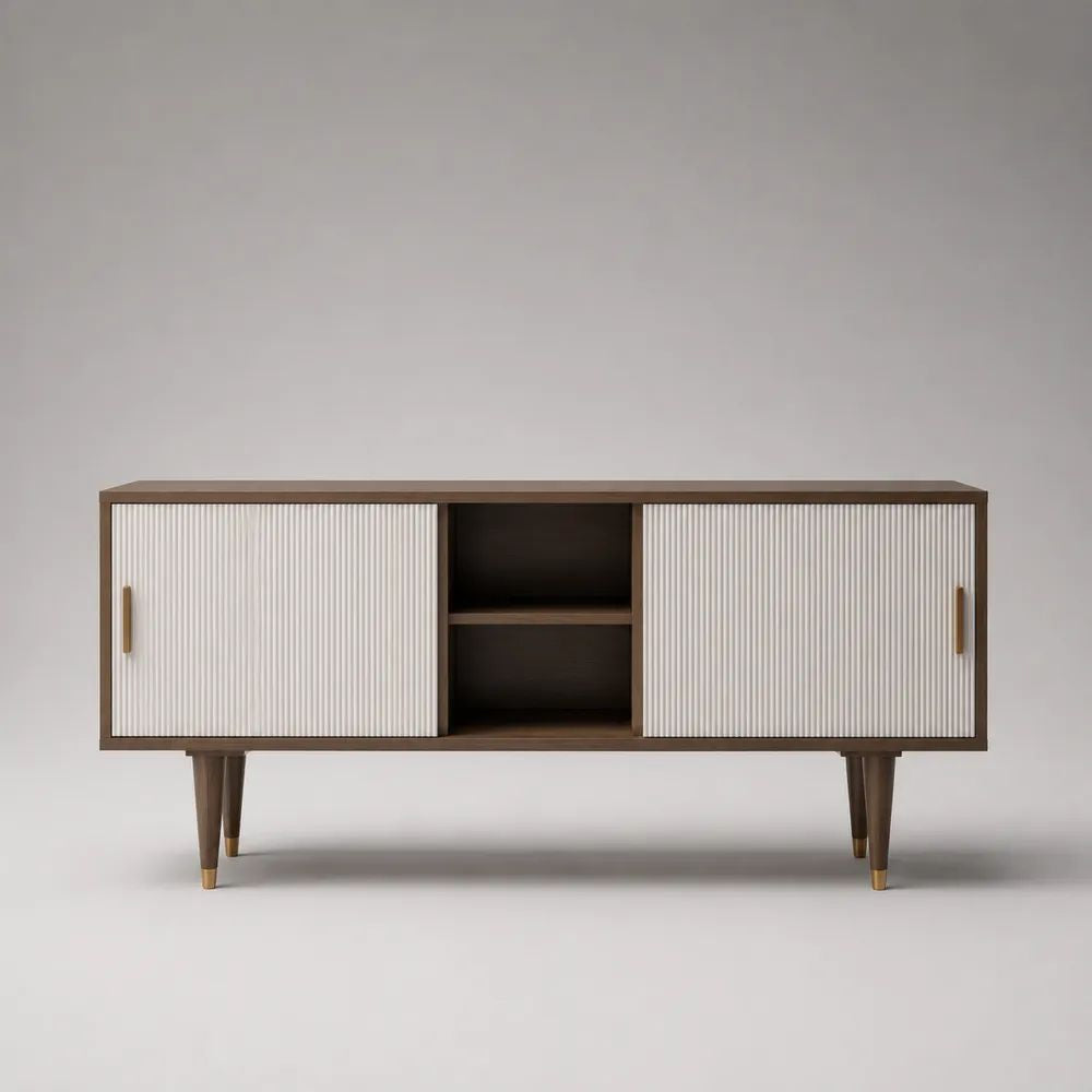 Meuble TV en bois à 2 portes rainurées et 2 niches, brun noyer, blanc et doré, 160 × 40 × 75 cm