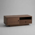 Table basse rectangulaire en MDF plaqué noyer brun et noir avec porte, niche et tiroir, 100 x 55 x 42 cm