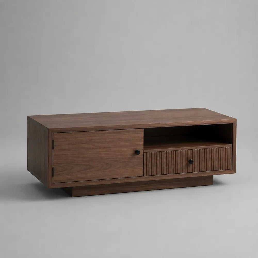 Table basse rectangulaire en MDF plaqué noyer brun et noir avec porte, niche et tiroir, 100 x 55 x 42 cm