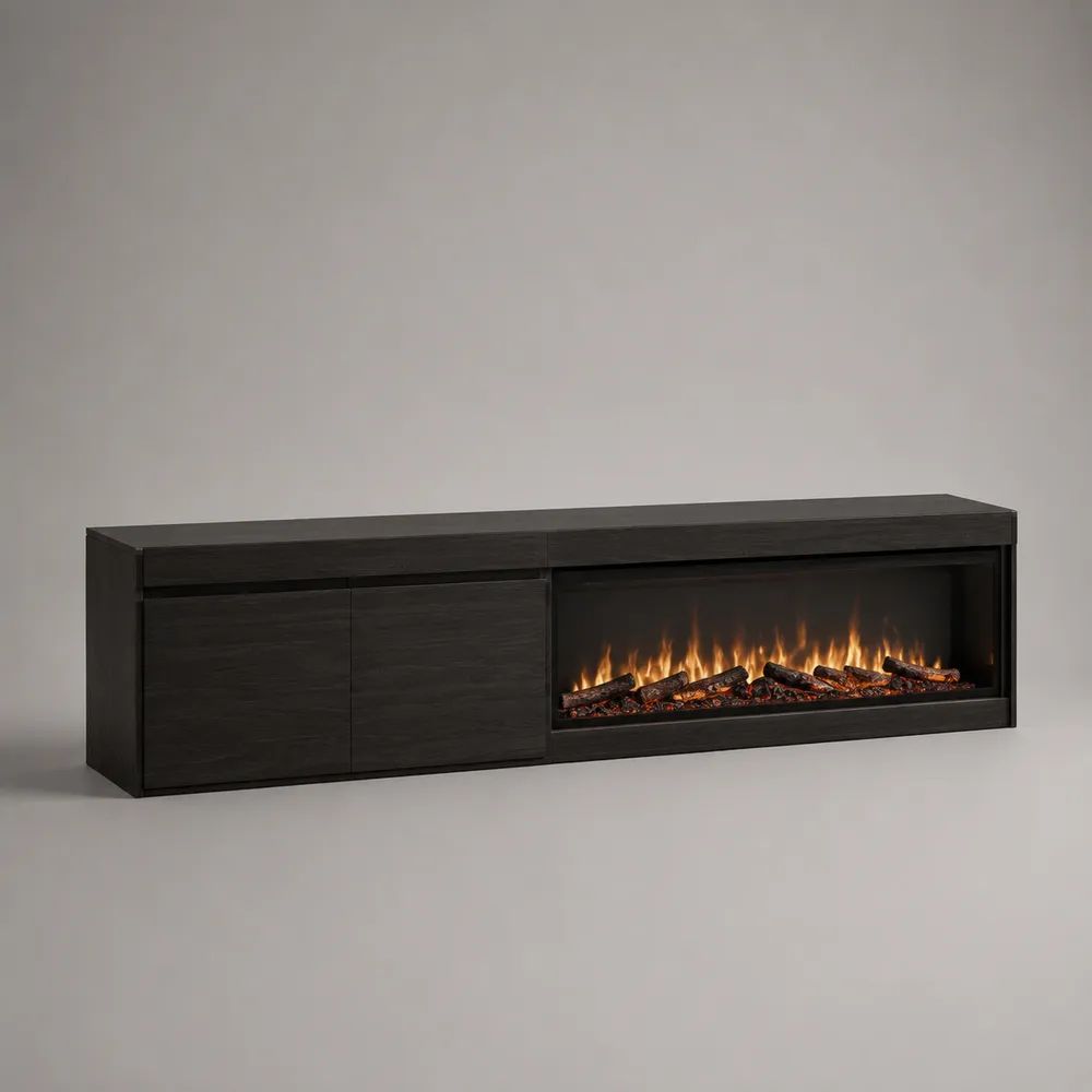 Meuble TV avec cheminée électrique 1 800 W en bois et métal noir, 180 × 40 × 50 cm