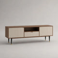Meuble TV rectangulaire en bois et métal marron noyer, beige, noir et doré, 2 portes, 1 tiroir et 1 niche, 160 x 40 x 60 cm