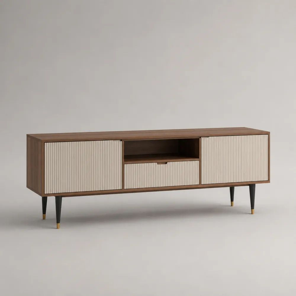 Meuble TV rectangulaire en bois et métal marron noyer, beige, noir et doré, 2 portes, 1 tiroir et 1 niche, 160 x 40 x 60 cm