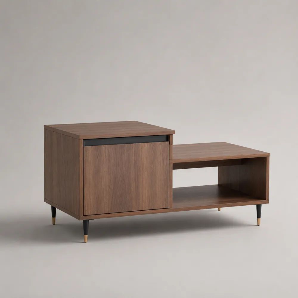 Table basse rectangulaire à deux niveaux avec rangement en bois et métal, marron noyer, noir et doré, 110 x 50 x 60 cm