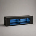 Meuble TV rectangulaire noir avec éclairage LED bleu, panneaux de particules et verre trempé, 160 x 35 x 45 cm