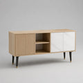 Meuble TV buffet bas rectangulaire en panneaux de particules et MDF, chêne clair et marbre blanc, 4 portes, 2 niches, 160 x 40 x 78 cm