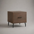 Table d’appoint rectangulaire en bois avec tiroir, décor noyer brun et pieds en acier noir, 50 × 40 × 55 cm