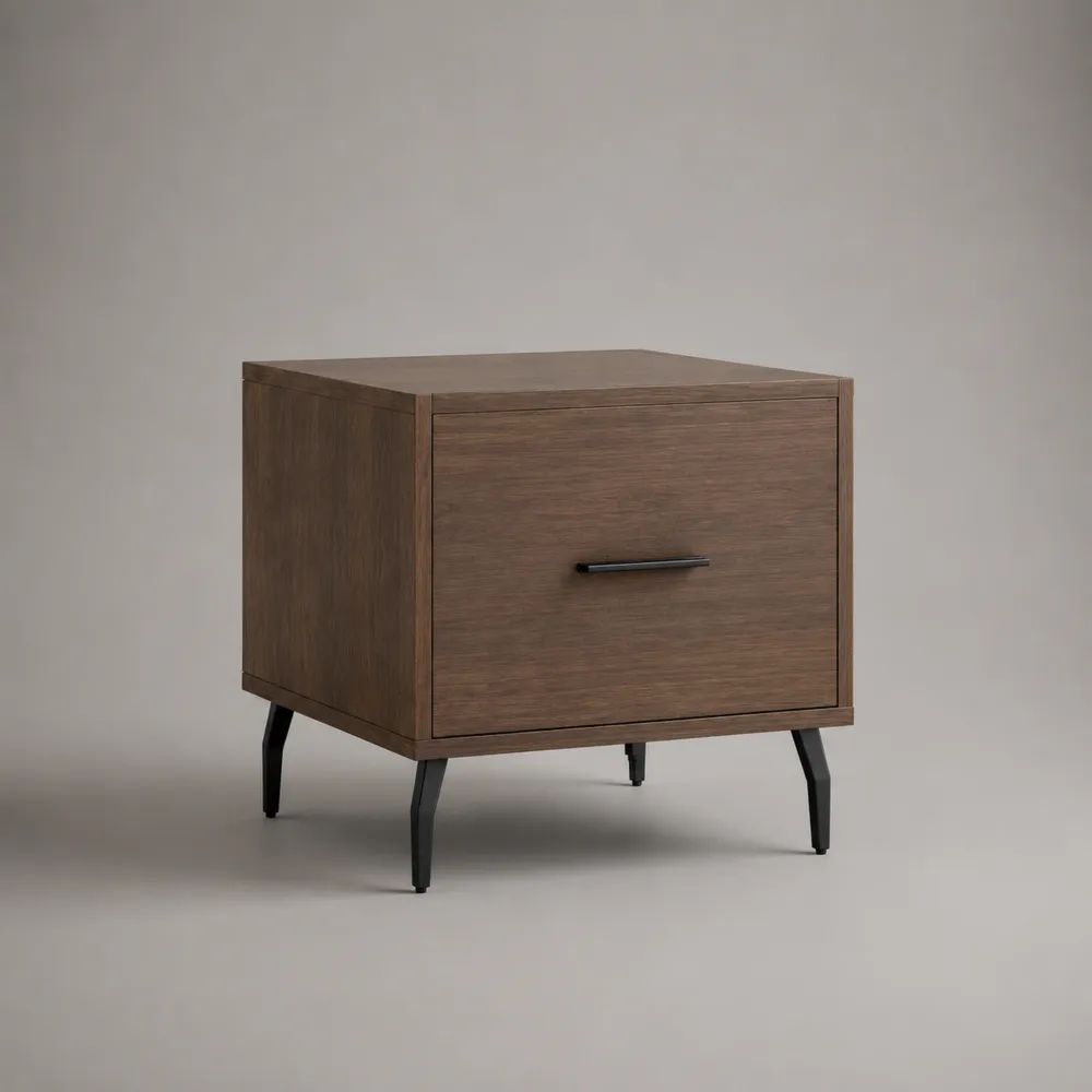 Table d’appoint rectangulaire en bois avec tiroir, décor noyer brun et pieds en acier noir, 50 × 40 × 55 cm
