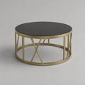 Table basse ronde en céramique effet marbre noir veiné gris et métal doré, 80 × 45 cm