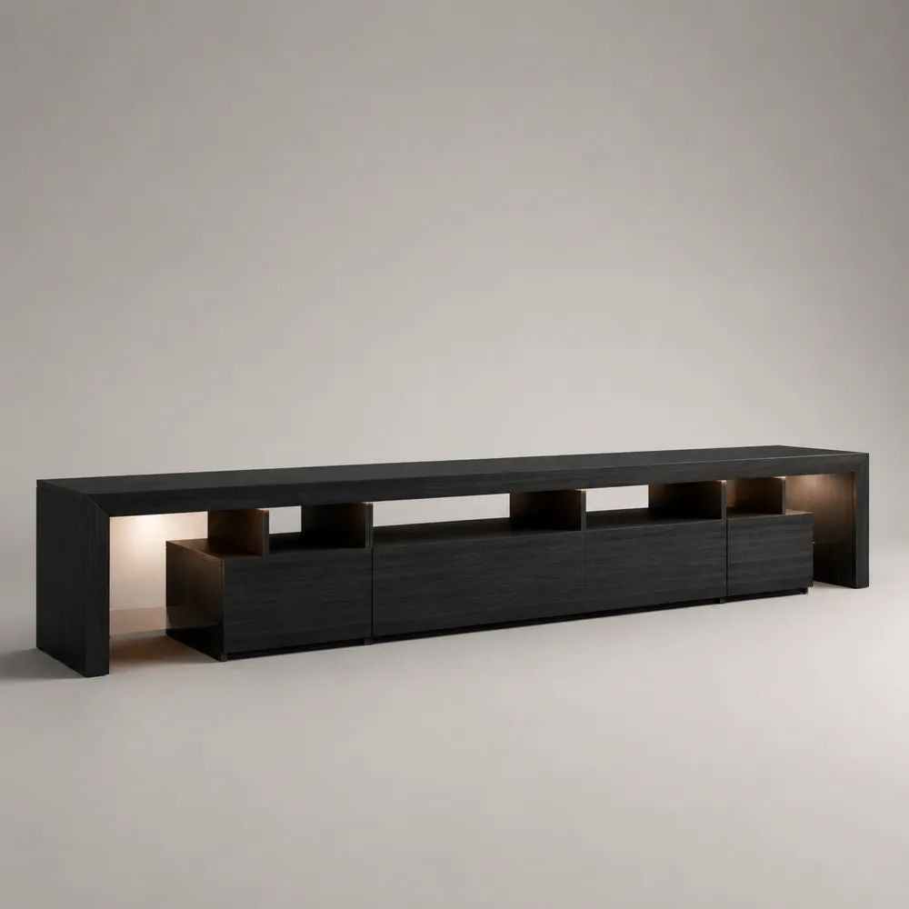 Ensemble meuble TV bas modulaire en bois noir avec rangements et éclairage LED, 300 × 40 × 70 cm