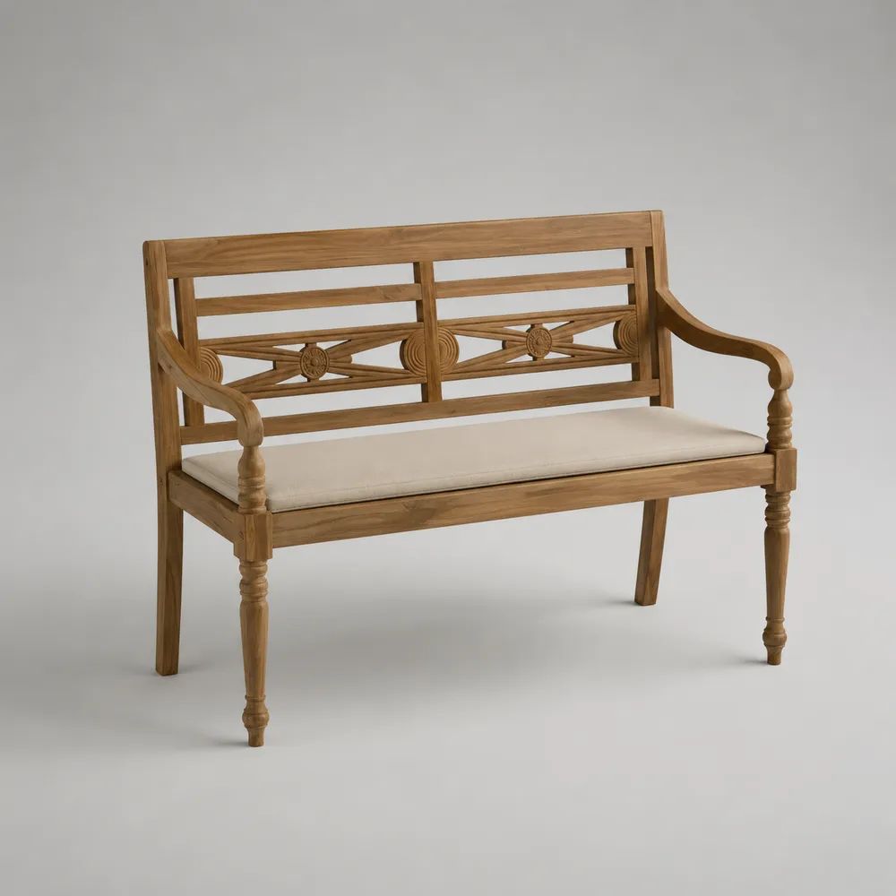 Banc de jardin 2 places en teck massif marron naturel avec coussin beige, 120 × 60 × 90 cm