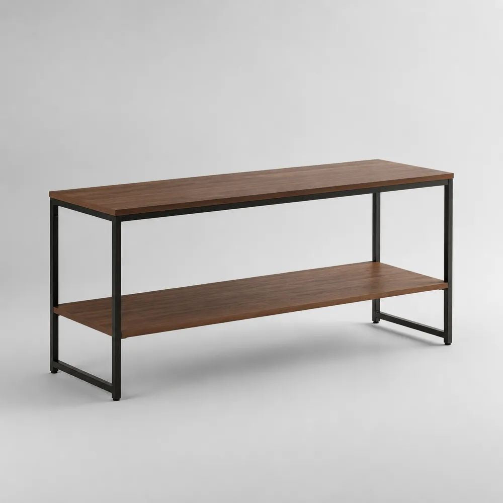 Table basse rectangulaire en bois et acier avec étagère, noyer et noir, 120 × 50 × 45 cm