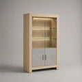 Vitrine rectangulaire en bois et verre à 4 portes avec éclairage LED, chêne clair, gris et transparent, 90 × 40 × 190 cm