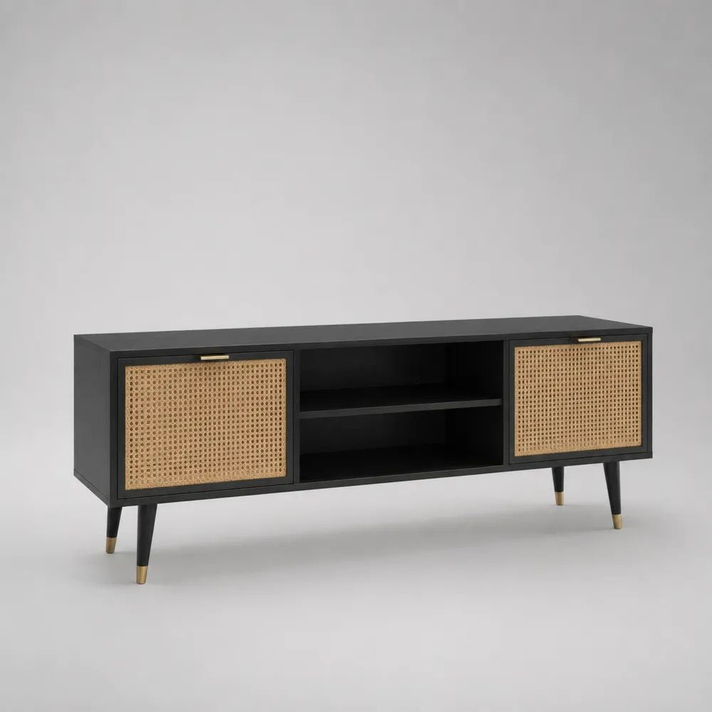 Meuble TV rectangulaire en MDF et cannage de rotin noir et naturel, 140 x 40 x 60 cm