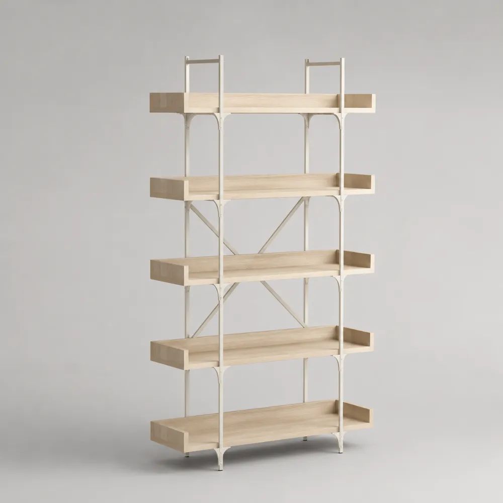 Bibliothèque étagère rectangulaire à 5 niveaux en MDF plaqué frêne et acier, blanc cassé et bois clair, 100 × 35 × 190 cm