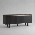 Buffet meuble TV à 3 portes en MDF rainuré et panneaux mélaminés, pieds en acier, noir et or, 160 × 40 × 70 cm