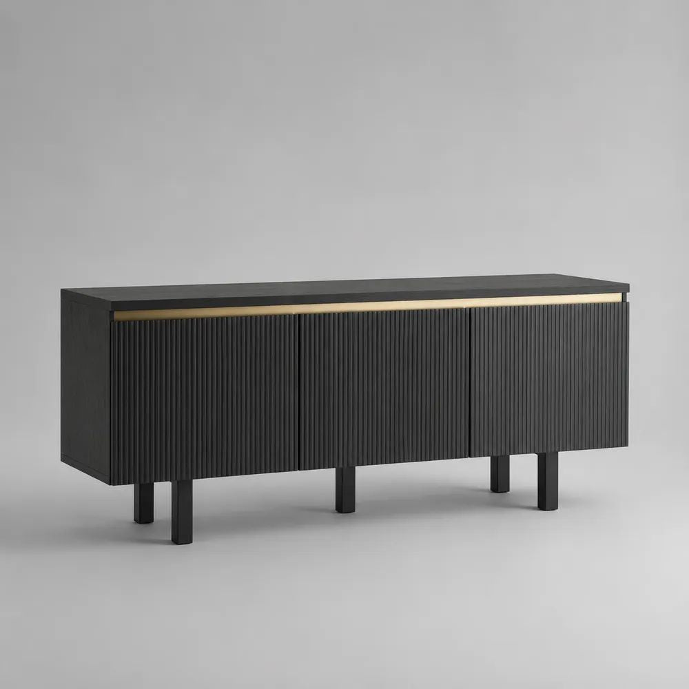 Buffet meuble TV à 3 portes en MDF rainuré et panneaux mélaminés, pieds en acier, noir et or, 160 × 40 × 70 cm