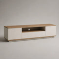 Meuble TV bas rectangulaire en panneaux de particules mélaminés et MDF, blanc cassé et chêne naturel, 180 × 40 × 55 cm