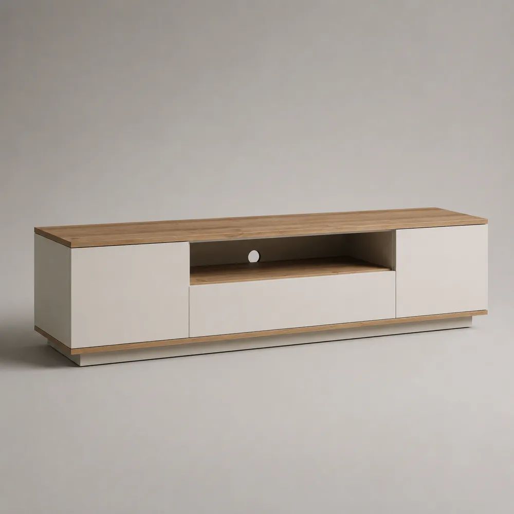 Meuble TV bas rectangulaire en panneaux de particules mélaminés et MDF, blanc cassé et chêne naturel, 180 × 40 × 55 cm