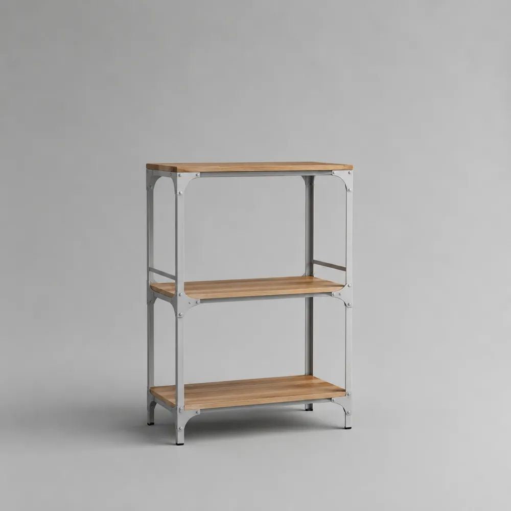 Bibliothèque étagère rectangulaire à 3 niveaux en acier peint et MDF plaqué chêne, gris et marron, 80 × 35 × 110 cm