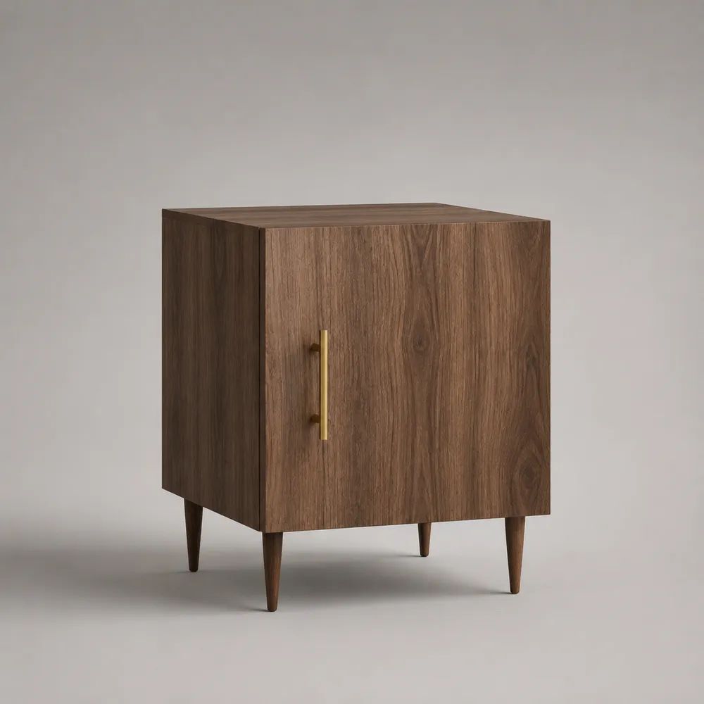 Table de chevet avec porte en panneaux de particules décor chêne, pieds en hévéa massif, marron et doré, L 45 x P 38 x H 60 cm