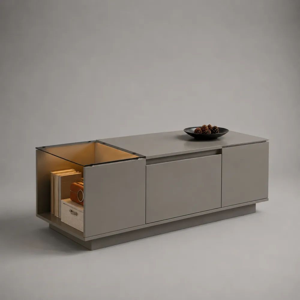 Table basse rectangulaire en MDF gris taupe et brun ambré avec plateau coulissant, rangements et éclairage LED, 120 × 60 × 45 cm