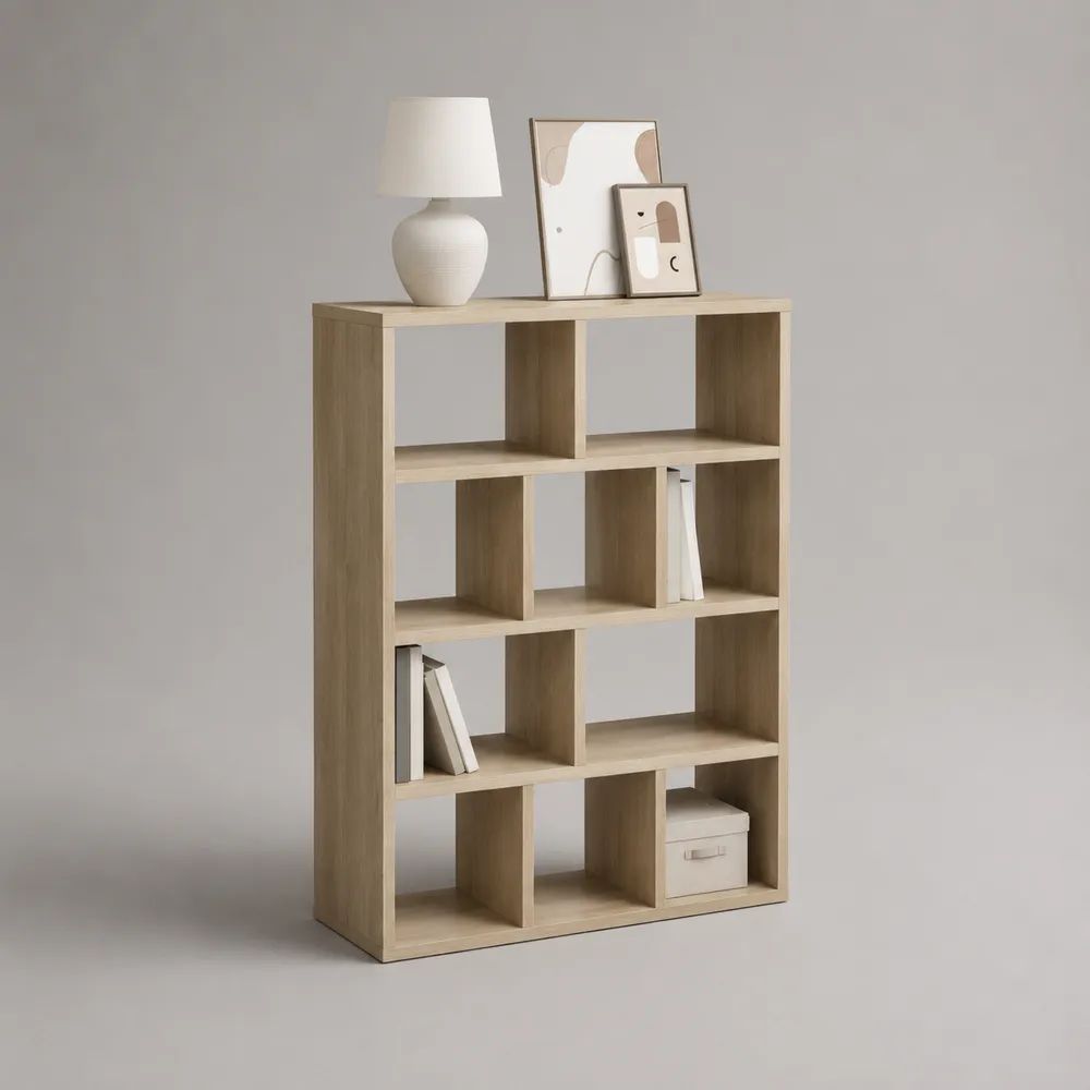 Bibliothèque étagère rectangulaire à 11 niches en panneaux de particules mélaminés, chêne clair, 90 × 30 × 140 cm