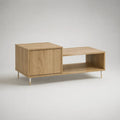 Table basse rectangulaire en panneaux de particules avec rangement fermé et niche ouverte, chêne naturel, blanc et laiton, 110 × 55 × 48 cm