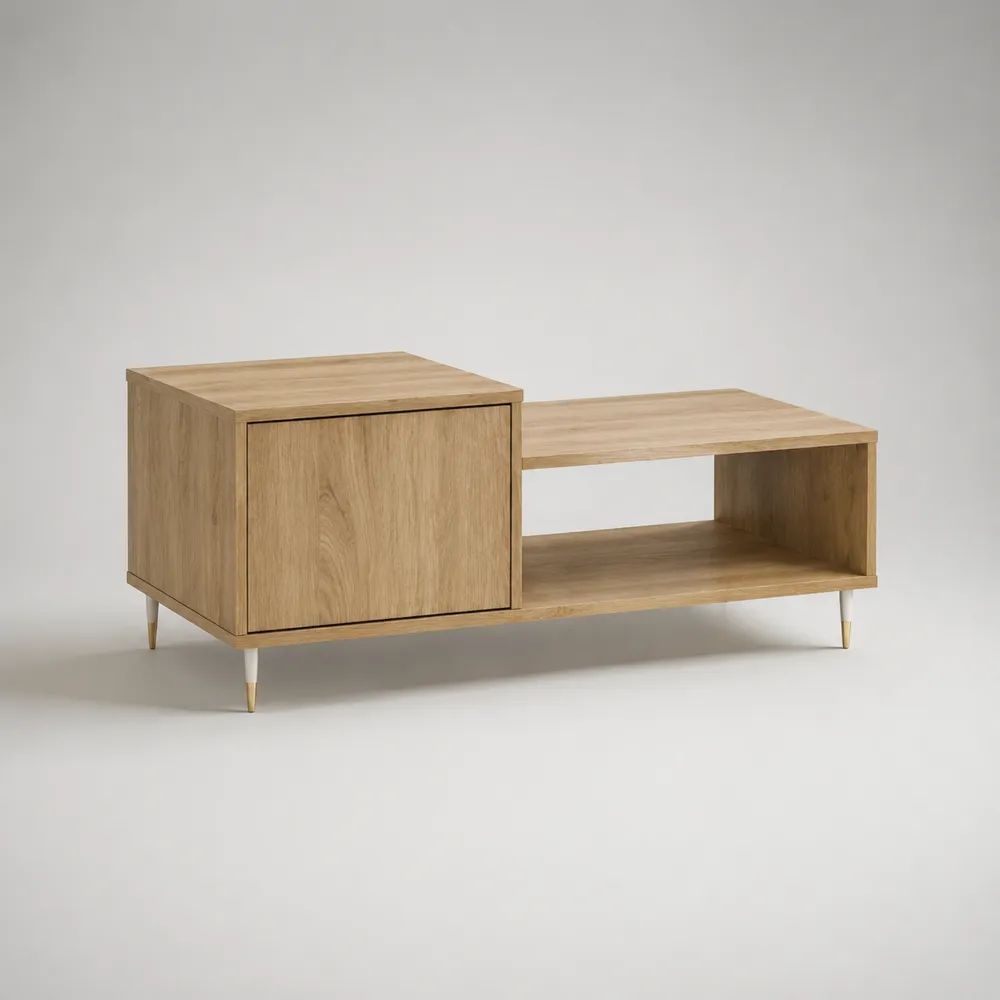 Table basse rectangulaire en panneaux de particules avec rangement fermé et niche ouverte, chêne naturel, blanc et laiton, 110 × 55 × 48 cm