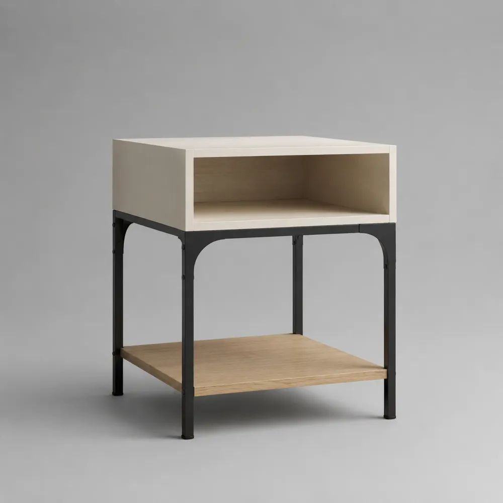 Table de chevet rectangulaire en MDF mélaminé et acier avec niche et étagère, beige, chêne clair et noir, 50 x 40 x 65 cm