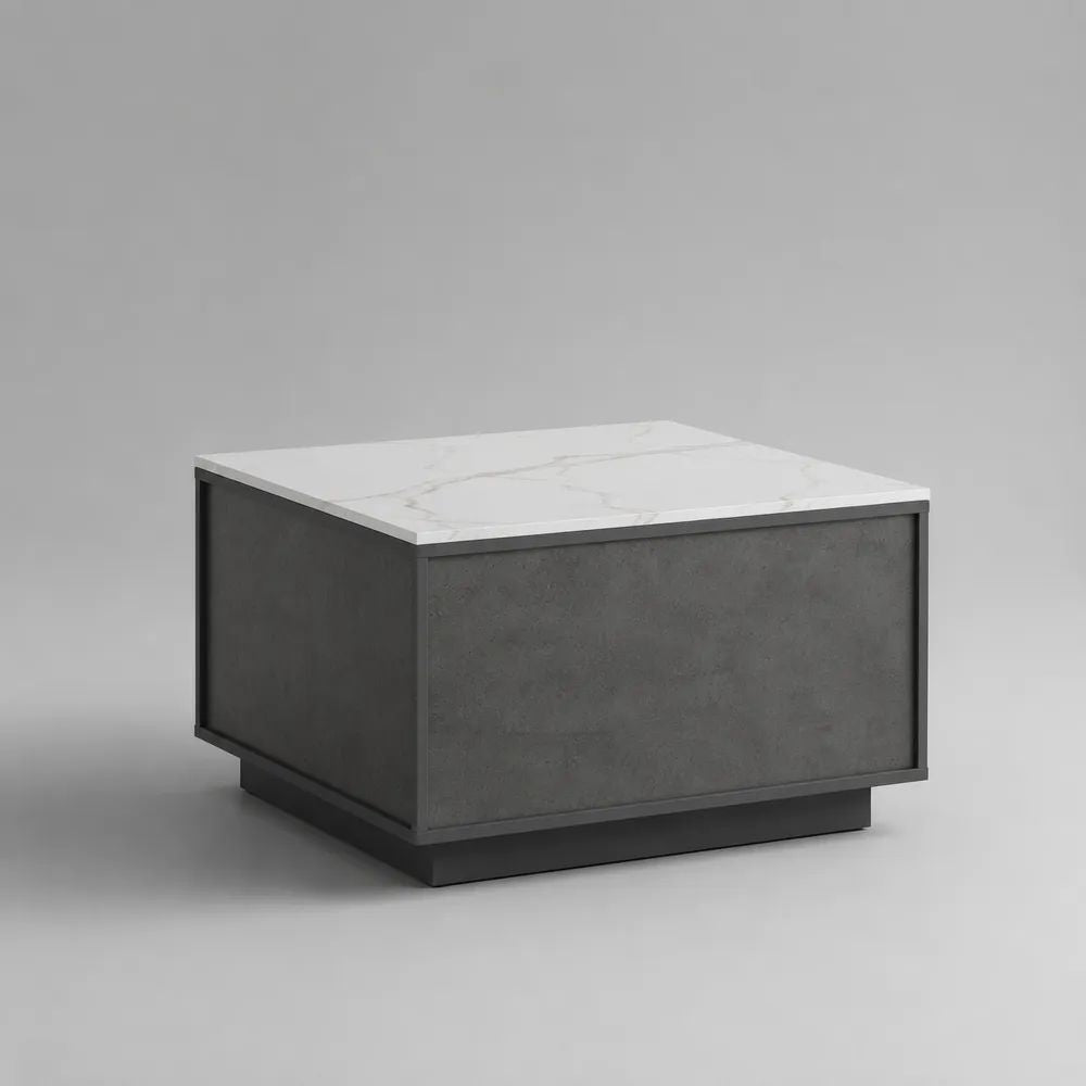 Table basse carrée en bois effet marbre blanc et anthracite, 70 × 70 × 42 cm