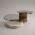 Table basse ronde à double plateau en verre fumé, pierre beige et bois brun, 110 x 85 x 55 cm
