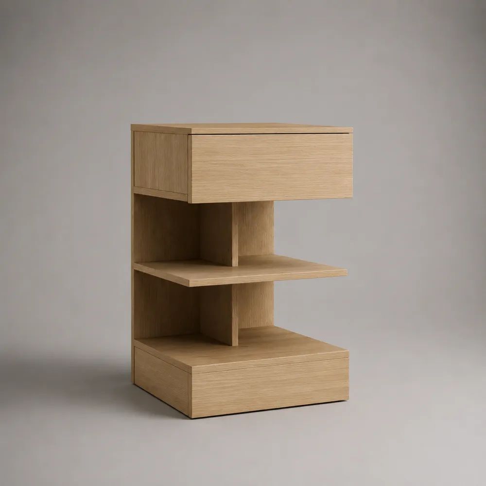 Table de chevet en bois à 2 tiroirs et 2 niches, chêne naturel, 45 × 35 × 70 cm