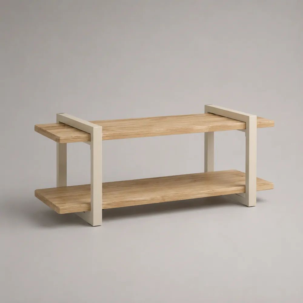 Meuble TV bas ouvert à 2 niveaux en bois, décor chêne naturel et blanc cassé, 120 × 40 × 50 cm