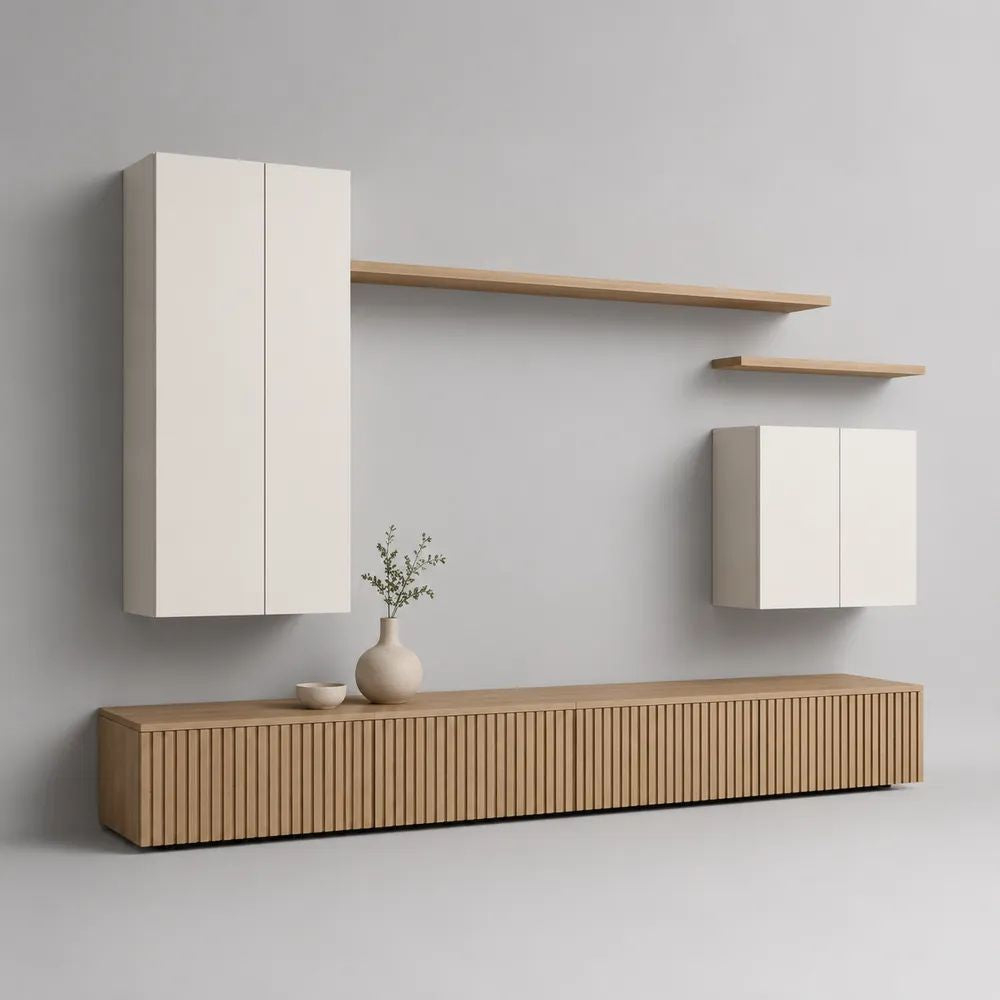 Ensemble meuble TV mural 5 pièces en MDF et panneaux de particules blanc et chêne naturel avec meuble bas 220 x 40 x 35 cm
