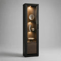Vitrine colonne rectangulaire éclairée en MDF et verre trempé, noir et chêne brun, 50 × 40 × 190 cm