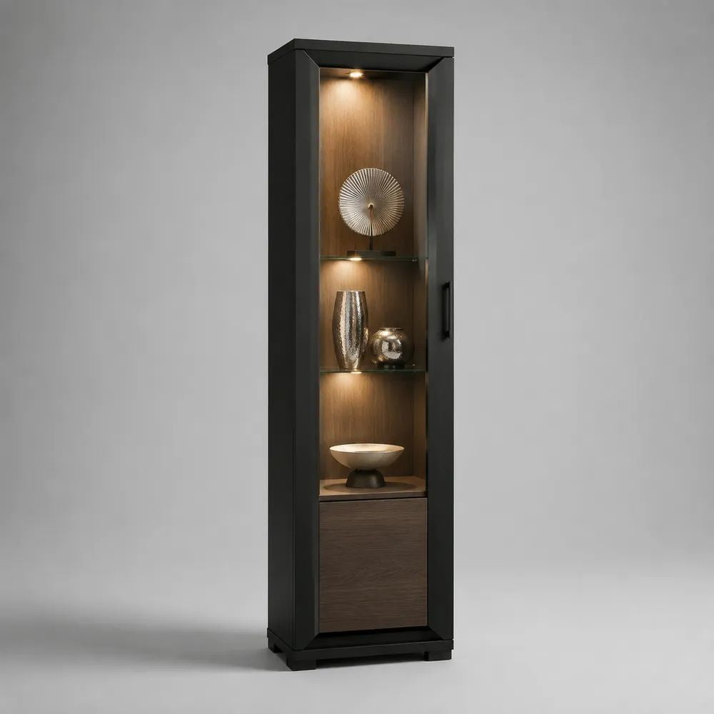 Vitrine colonne rectangulaire éclairée en MDF et verre trempé, noir et chêne brun, 50 × 40 × 190 cm