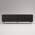 Meuble télé bas en bois noir et brun foncé avec détails en métal finition laiton, 3 portes et 2 tiroirs, 220 × 42 × 65 cm