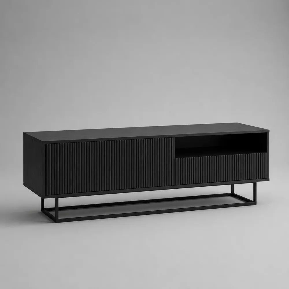 Meuble TV noir mat rectangulaire en MDF et acier avec 2 portes, 1 tiroir et 1 niche, 160 × 40 × 60 cm