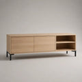 Meuble TV bas rectangulaire en bois et métal, chêne naturel et noir, 180 x 40 x 65 cm