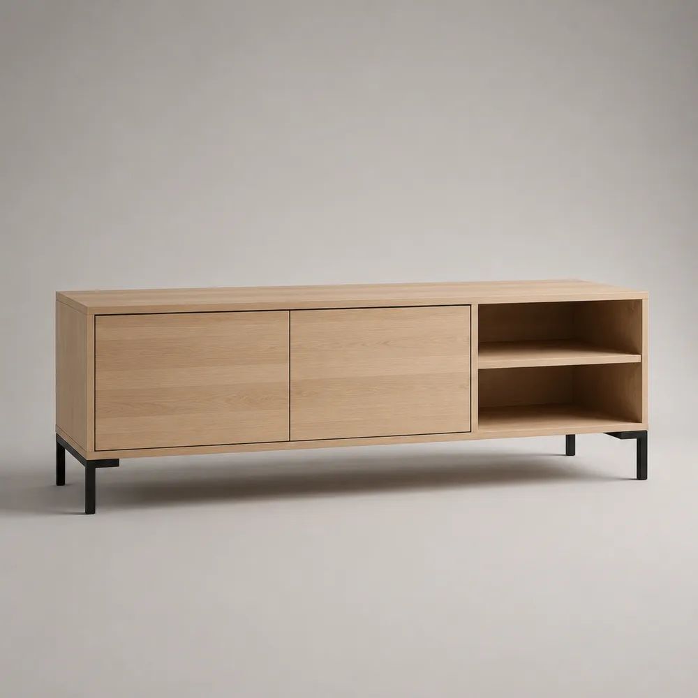 Meuble TV bas rectangulaire en bois et métal, chêne naturel et noir, 180 x 40 x 65 cm